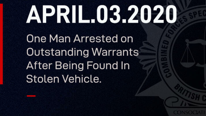 One Man Arrested on Outstanding Warrants After Being Found In Stolen Vehicle